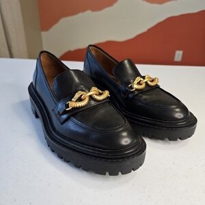 Tory Burch Black Loafers with Gold Chain Detail